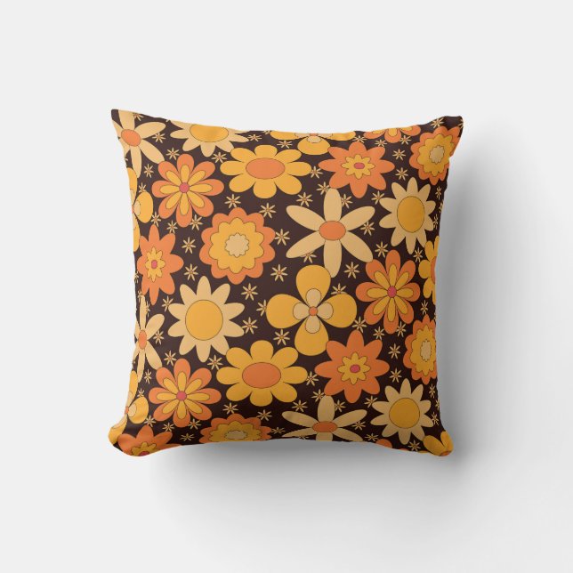 Almofada Retro Groovy Floral 70s Laranja Amarelo (Frente)