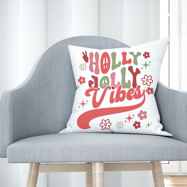 Almofada Retro Groovy Holly Jolly Vibes Foto de Feriado (Retro Groovy Holly Jolly Vibes Holiday Photo Throw Pillow)