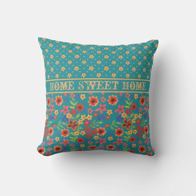 Almofada Retro Impressões Florais no Teal com Home Sweet Ho (Frente)