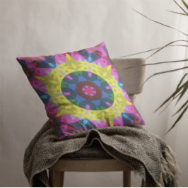 Almofada Retro Mandala Flor Azul Amarelo e Rosa
