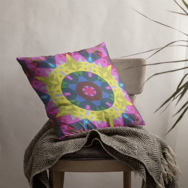Almofada Retro Mandala Flor Azul Amarelo e Rosa (Criador carregado)