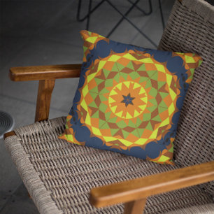 Almofada Retro Mandala Flor Azul Laranja e Amarelo