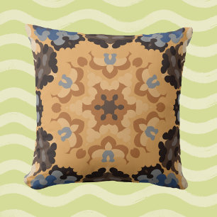 Almofada Retro Mandala Flor Azul Laranja e Castanho