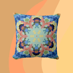 Almofada Retro Mandala Flor Azul, Rosa e Amarelo
