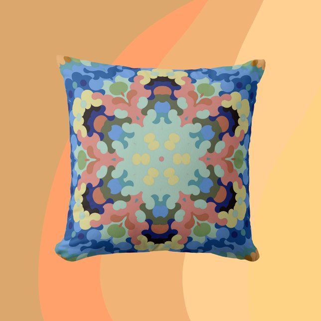 Almofada Retro Mandala Flor Azul, Rosa e Amarelo (Criador carregado)