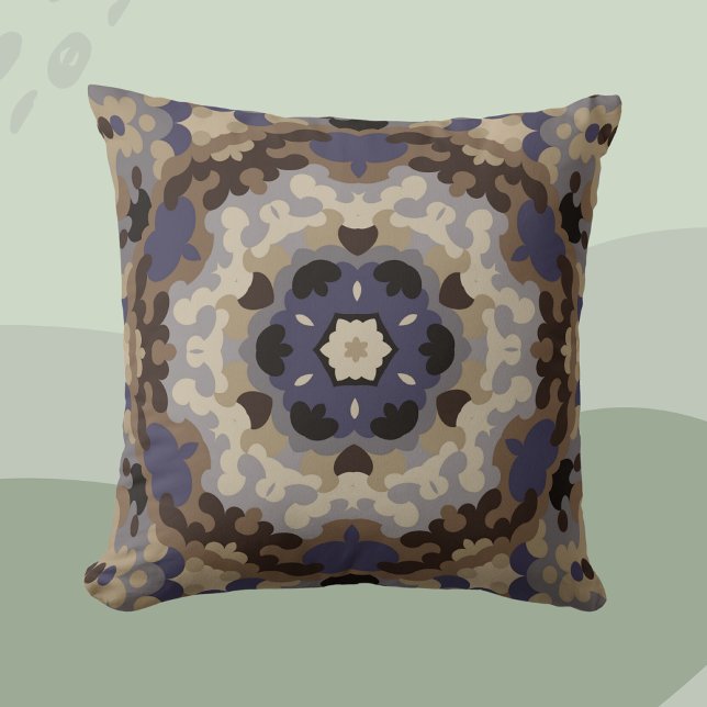 Almofada Retro Mandala Flor Azul Tan e Castanho (Criador carregado)