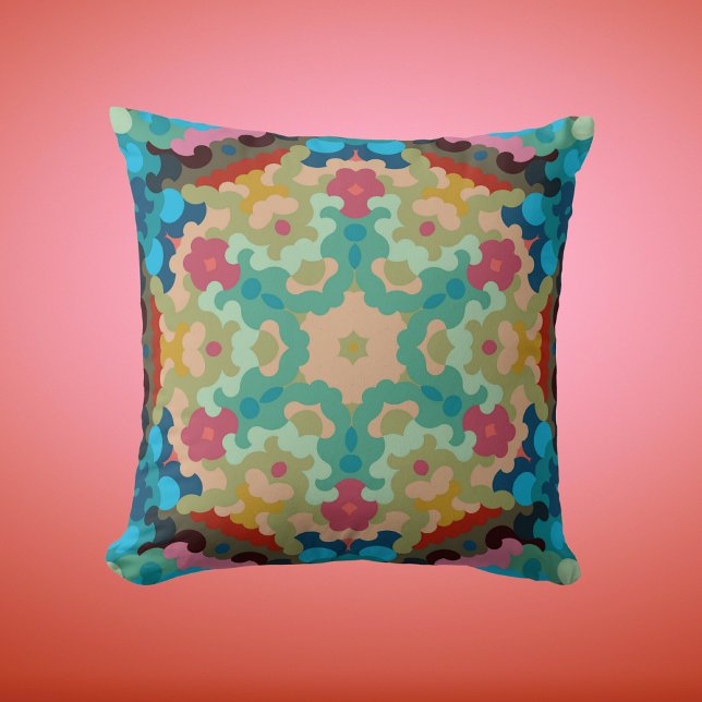 Almofada Retro Mandala Flor Azul Verde e Rosa (Criador carregado)