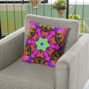 Almofada Retro Mandala Flor Cor-de-Rosa Laranja e Verde