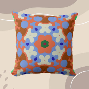 Almofada Retro Mandala Flor Laranja Azul e Amarelo