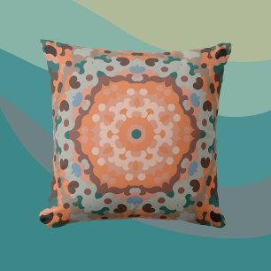Almofada Retro Mandala Flor Laranja Azul e Castanho