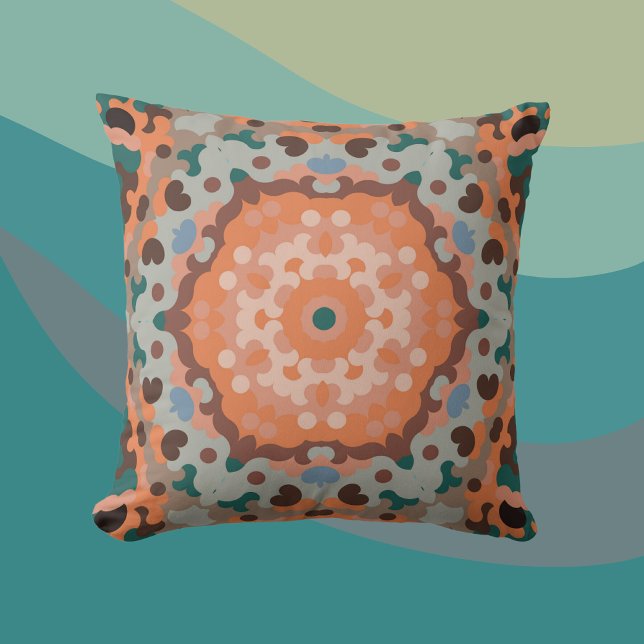 Almofada Retro Mandala Flor Laranja Azul e Castanho (Criador carregado)