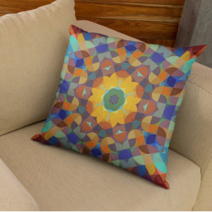 Almofada Retro Mandala Flor Laranja Azul e Verde