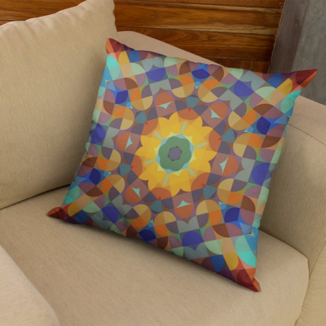 Almofada Retro Mandala Flor Laranja Azul e Verde (Criador carregado)