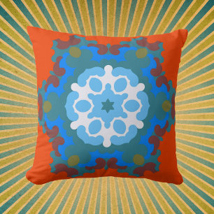 Almofada Retro Mandala Flor Laranja Branco e Azul
