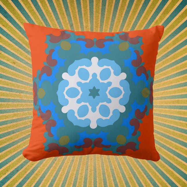 Almofada Retro Mandala Flor Laranja Branco e Azul (Criador carregado)