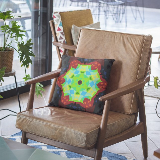 Almofada Retro Mandala Flor Verde Vermelho e Azul (Criador carregado)