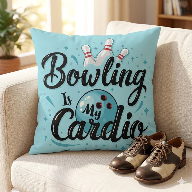 Almofada Retrô Neon "Boliche é meu Cárdio" Divertido Bolich (Retro Neon Bowling Is My Cardio Funny Bowling Throw Pillow Mockup A)