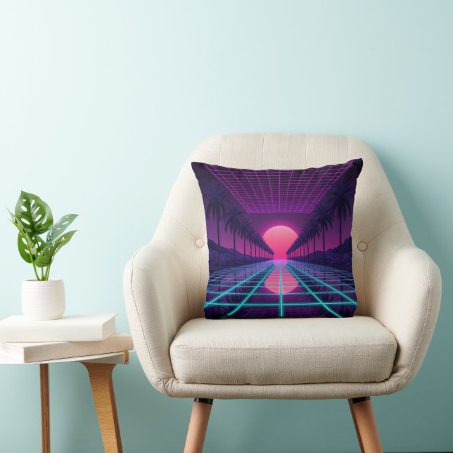 Almofada Retro Neon Synthwave Grid & Palmeiras (Cadeira)