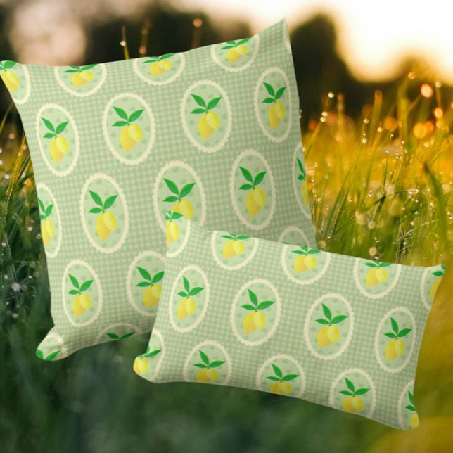 Almofada Retro Sunny Lemons on Green Gingham (Vintage charm lemons and gingham!)