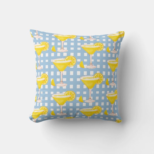 Almofada Retro Sunny Yellow Lemon Drop Blue White Check (Frente)