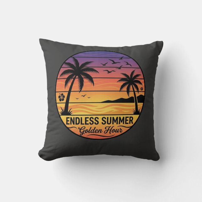 Almofada Retro Tropical Sunset Palm Trees Beach Throw Pillo (Frente)
