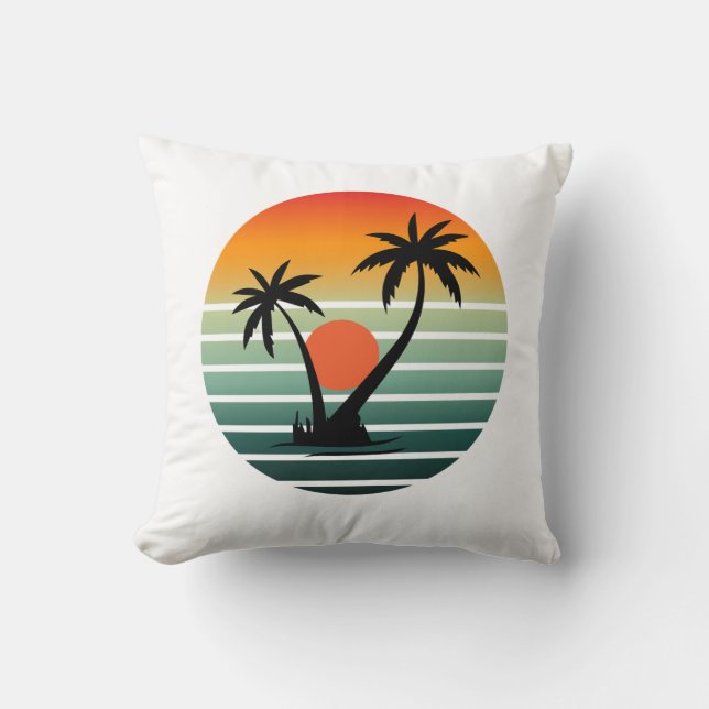 Almofada Retro Tropical Sunset with Palm Trees (Frente)