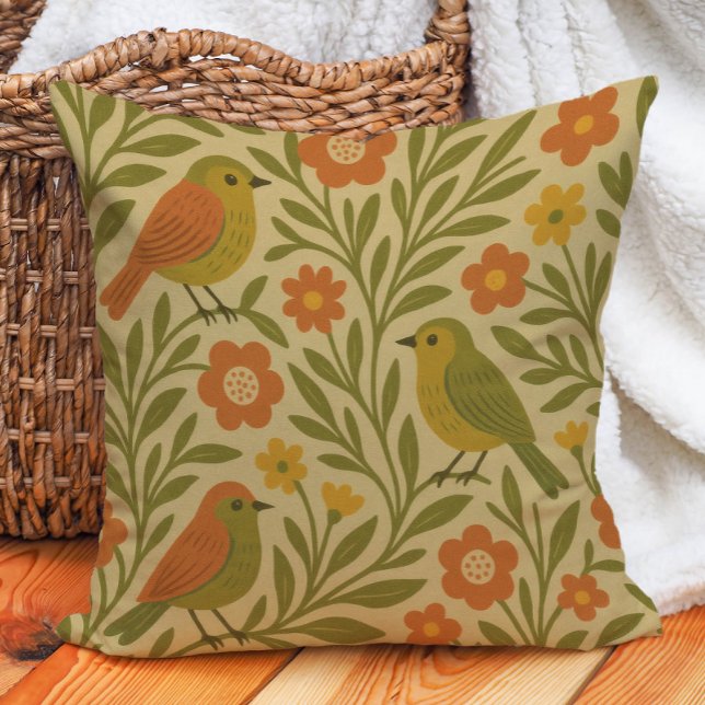 Almofada Retro Vintage Terra Tonelada, Pedra Azul, Laranja, (Retro vintage orange, olive green, and gold birds and leaves folk art-style pillow)