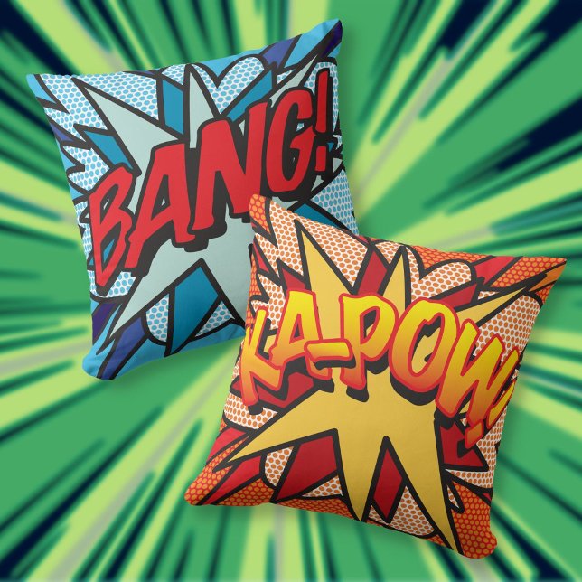 Almofada Revista em Quadrinhos BANG! KA-POW! (Modern Fun Comic Book BANG KA-POW Throw Pillow)