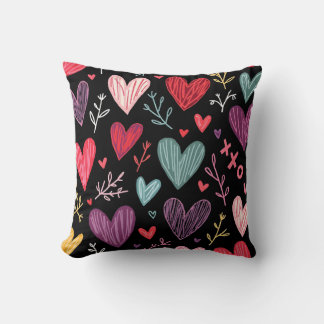 Almofada Rich Black Playful Hand-Drawn Hearts Throw Pillow