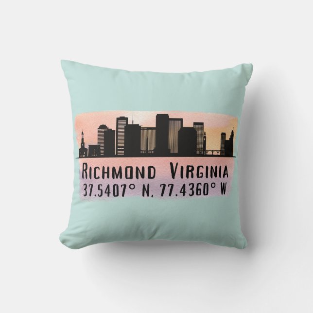 Almofada Richmond VA City Skyline Latitude e Longitude (Frente)