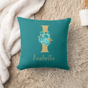 Almofada Rico Dourado e Aqua Floral - Letra I Travesseiro d