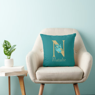 Almofada Rico Dourado e Aqua Floral - Letra N Travesseiro d