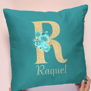 Almofada Rico Dourado e Aqua - Letra Floral R Travesseiro d