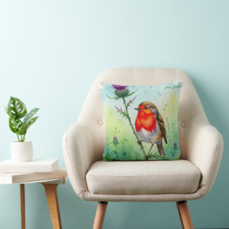 Almofada Robin Bird e Flor de Cardo Aquarela Botânica