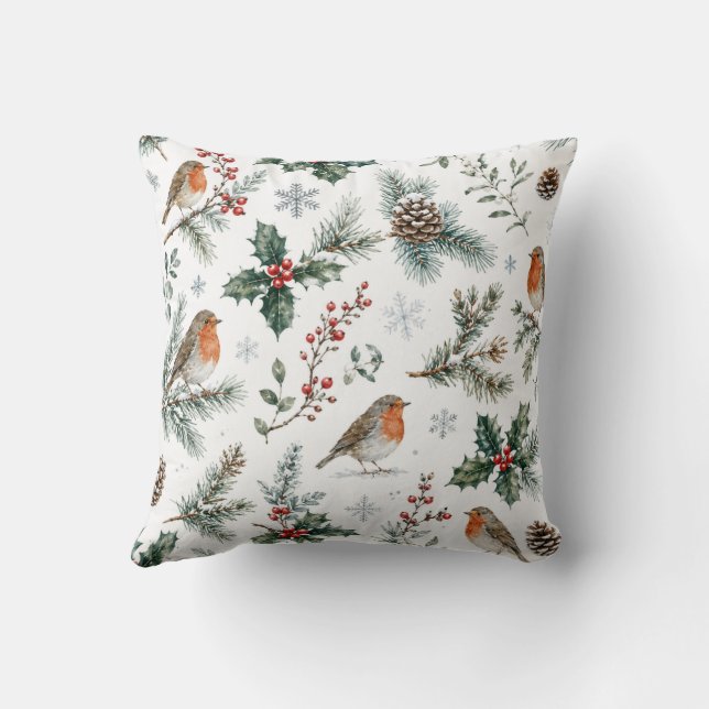 Almofada Robin Natal Inverno Azevinho Pinha Botânico (Verso)