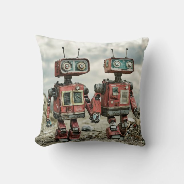 Almofada Robôs Retro Fofos de Amor de Braços Dadas (Frente)