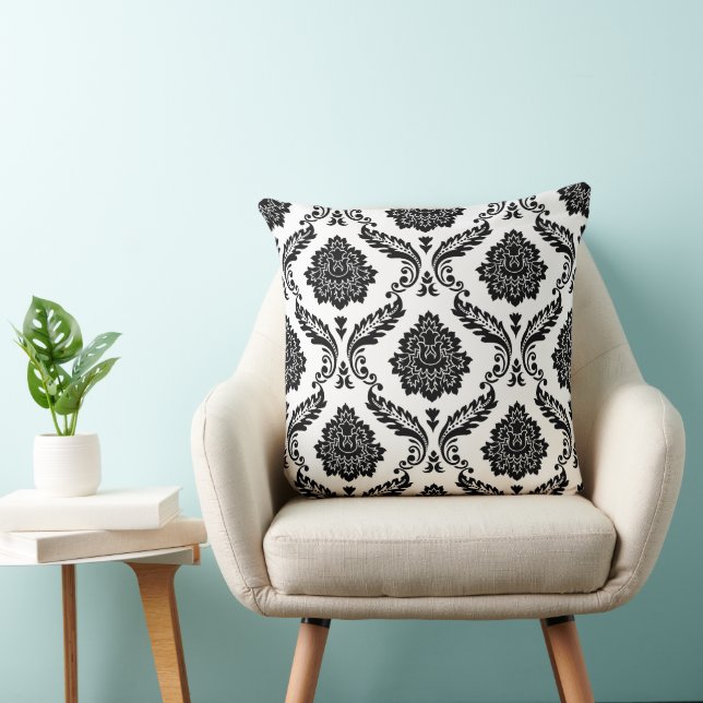 Almofada Rococo Damask Grande Padrão Preto no Branco (Cadeira)