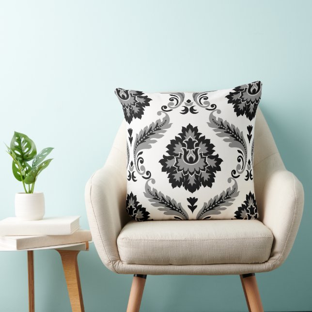 Almofada Rococo Damask Padrão Grande Cinza Preto Branco (Cadeira)
