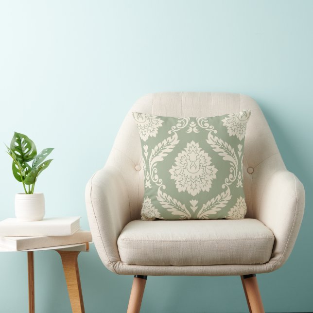 Almofada Rococo Damask Padrão Grande Creme sobre Verde (Cadeira)