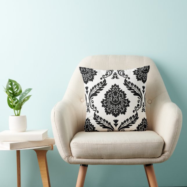 Almofada Rococo Damask Padrão Grande Preto no Branco (Cadeira)
