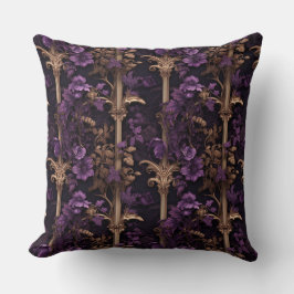 Almofada Rococo Realms: Colunas Florais Roxas Ouros Escuras
