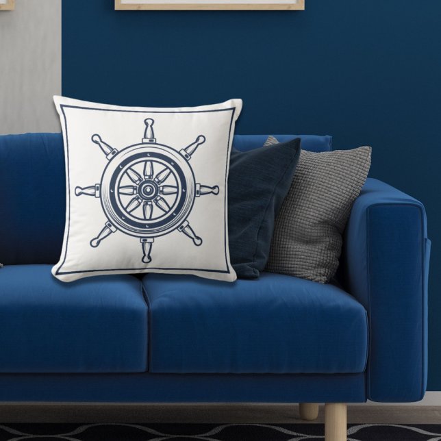 Almofada Roda Náutica Costeira Blue Beach House (Nautical Coastal Blue Beach House Boat Ship Wheel Throw Pillow)
