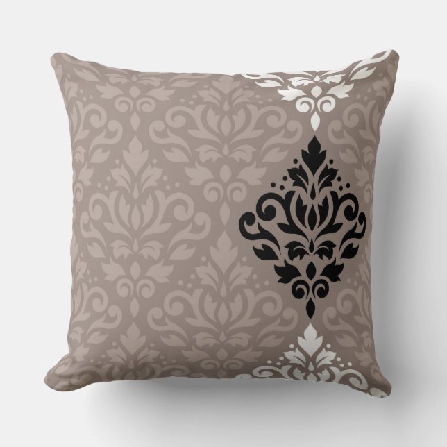 Almofada Rolar Damask Art Big Ptn Black White Taupes (Frente)