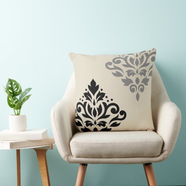 Almofada Rolar Damask Art I Black Cinza Creme (Cadeira)