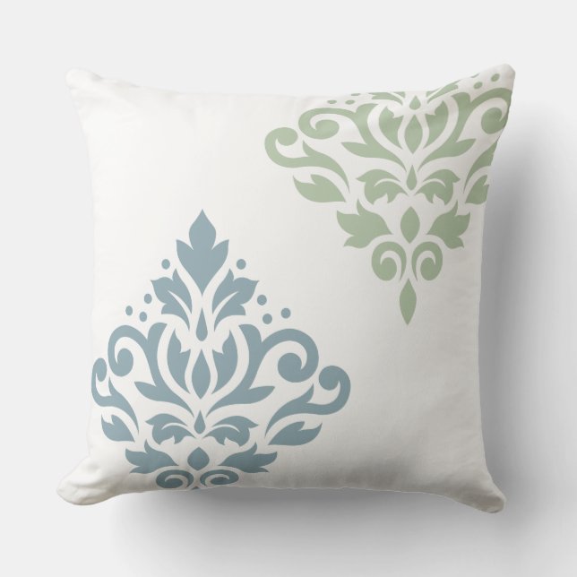 Almofada Rolar Damask Art I Blue Green White (Frente)