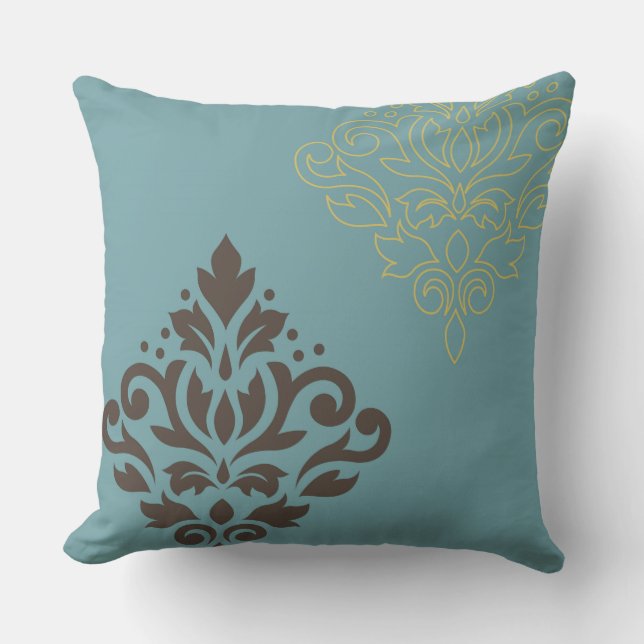 Almofada Rolar Damask Art I Brown Dourado (linha) Teal (Frente)
