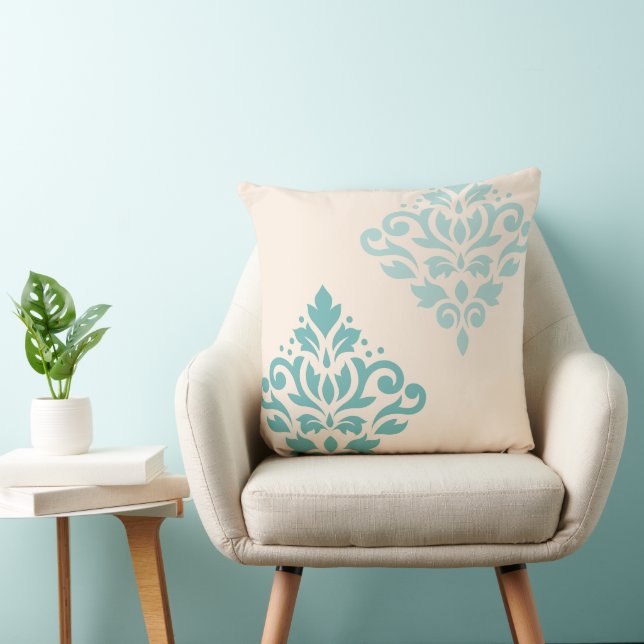 Almofada Rolar Damask Art I Teals on Cream (Cadeira)