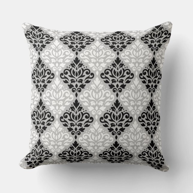 Almofada Rolar Damask Ptn B&W na Cinza (Frente)