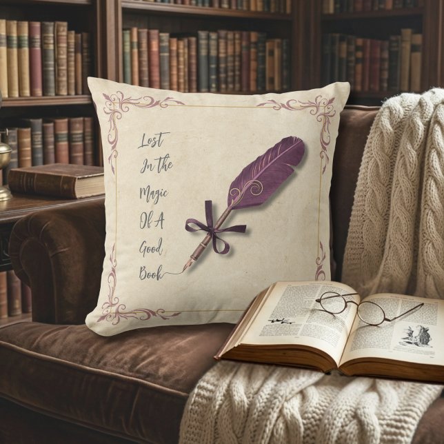 Almofada Romantic Dusty Rose Literary Quill (Create a cozy literary escape with this romantic dusty rose storybook throw pillow.)