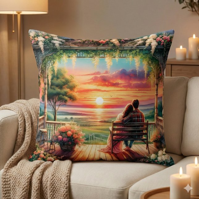Almofada Romantic Sunset Porch View Illustration (Romantic Sunset Porch View Illustration Throw Pillow Mockup A)
